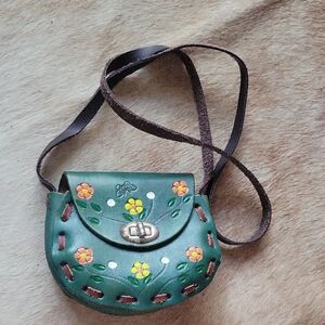 Handcrafted Green Leather MINI  Floral Tole Bag